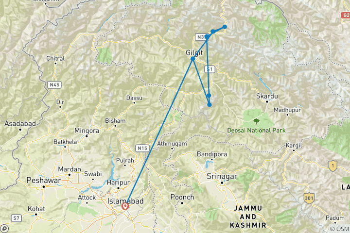 Map of Trekking tour to Nanga parbat Base Camp, Rakaposhi Base Camp and Patundas Pakistan