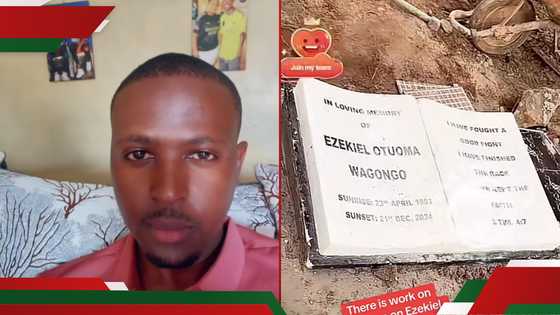 TikToker Obidan shares video of Ezekiel Otuoma's tiled graveyard with mounted Bible