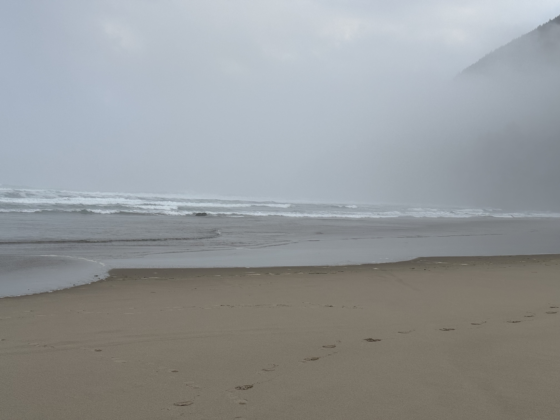 Misty seascape with partially hidden mountain and big waves. 