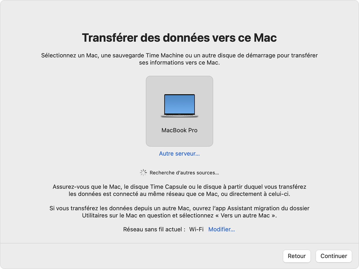 Source dans l’assistant migration sous macOS Monterey