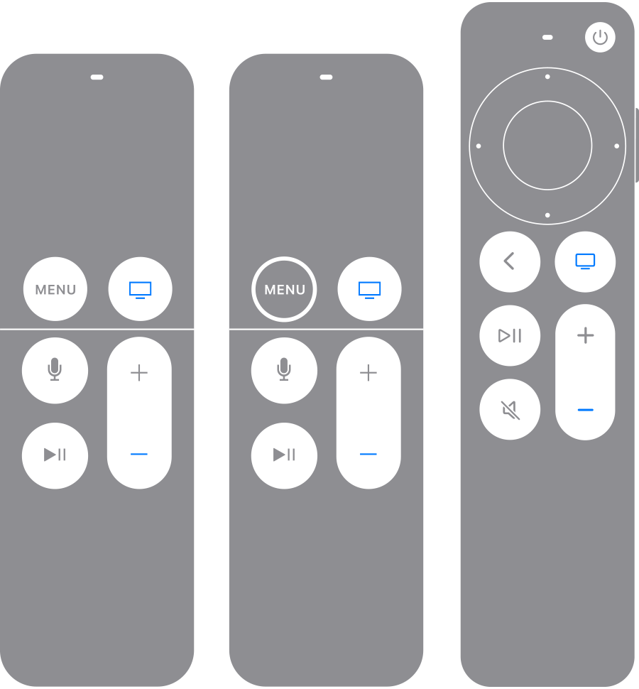 Dálkové ovladače Apple TV s tlačítky TV / Ovládací centrum a snížení hlasitosti zvýrazněnými modře