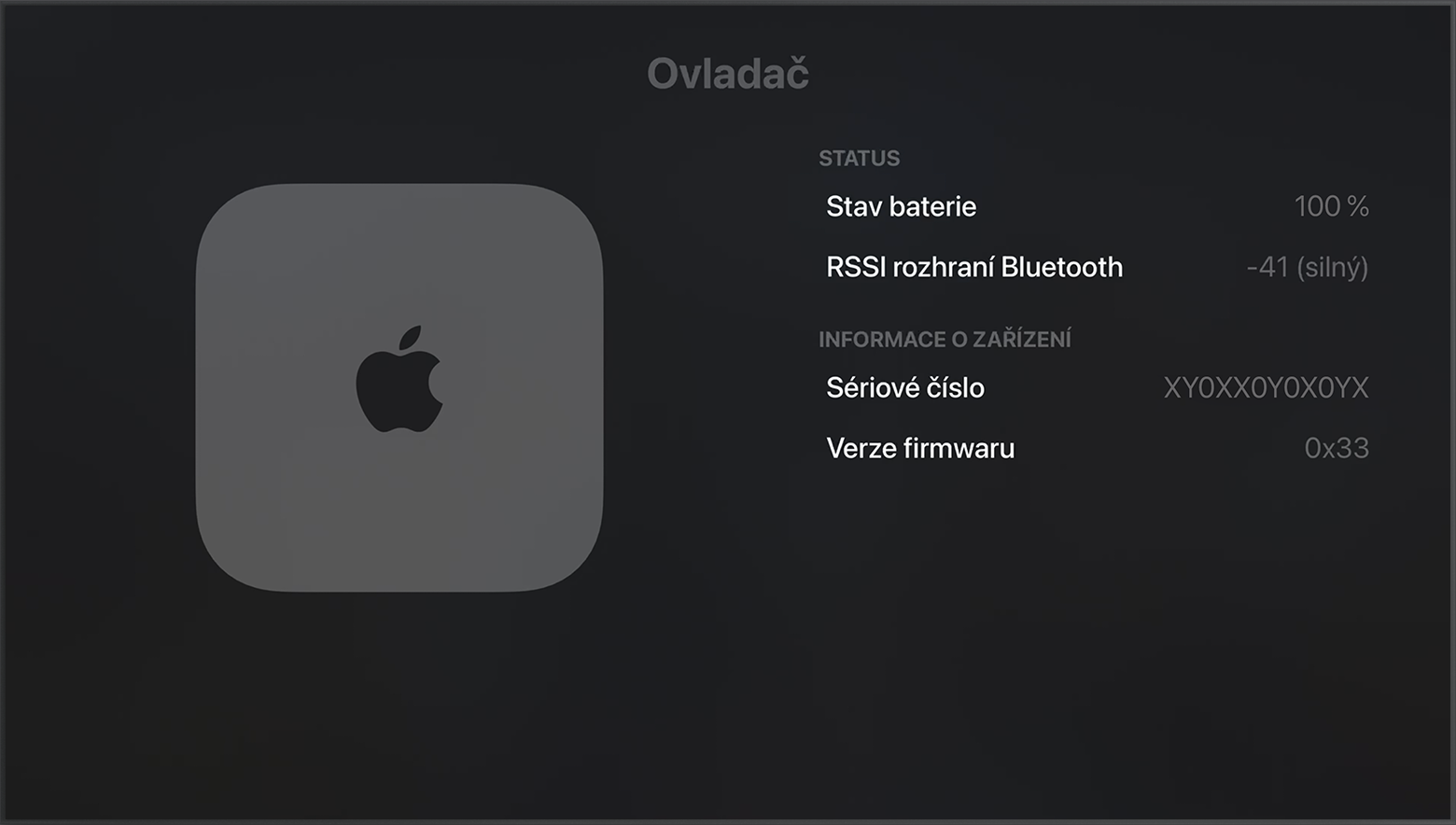 Bluetooth RSSI v Nastaveních Apple TV ukazuje sílu signálu Bluetooth