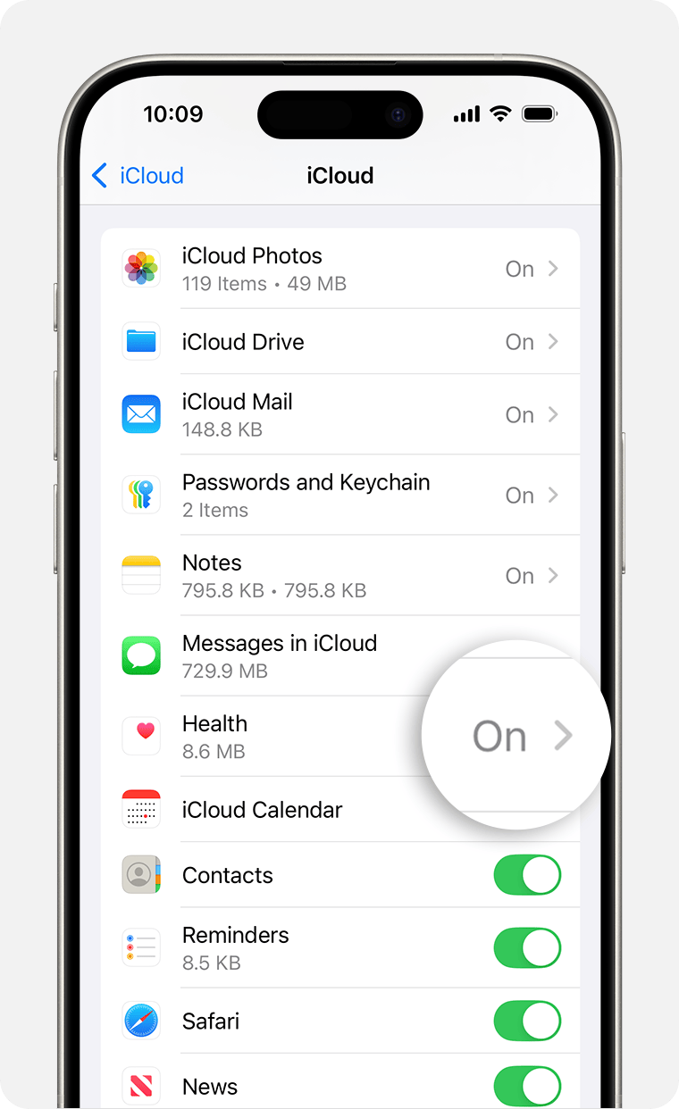 iPhone screen showing iCloud Settings