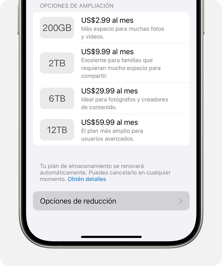 Pantalla de iPhone en la que se muestra el botón de opciones de reducción de almacenamiento