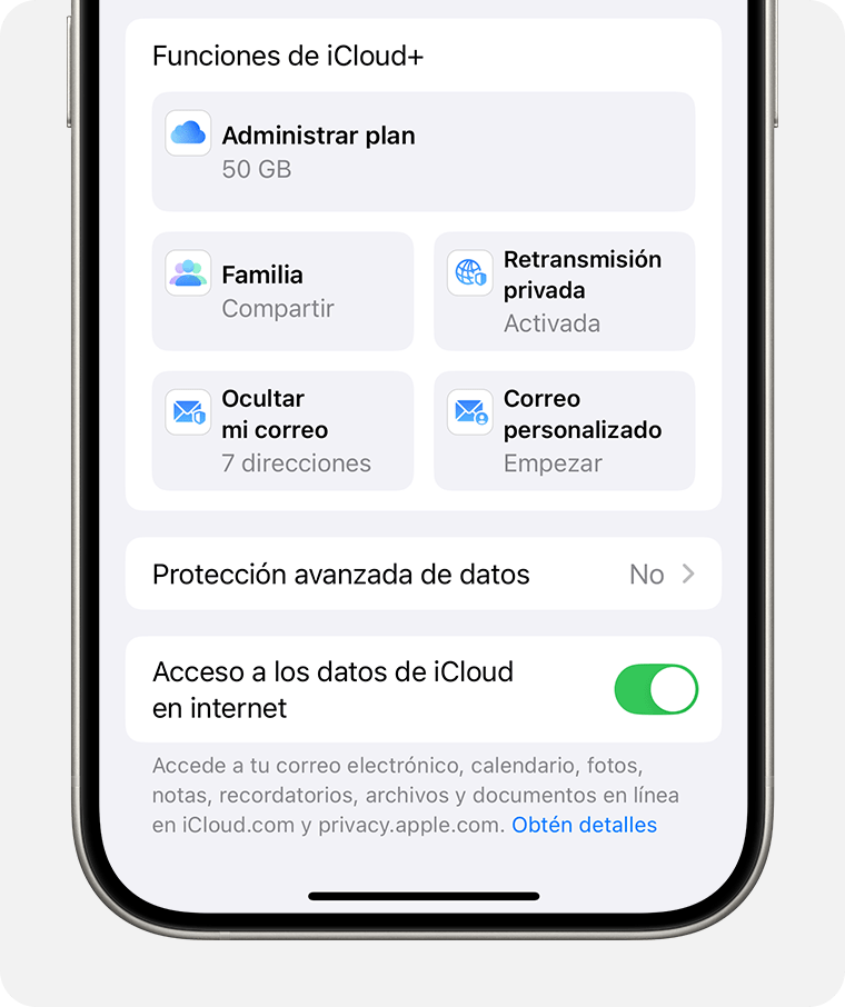 Pantalla de iPhone en la que se muestra cómo administrar tu plan de iCloud+