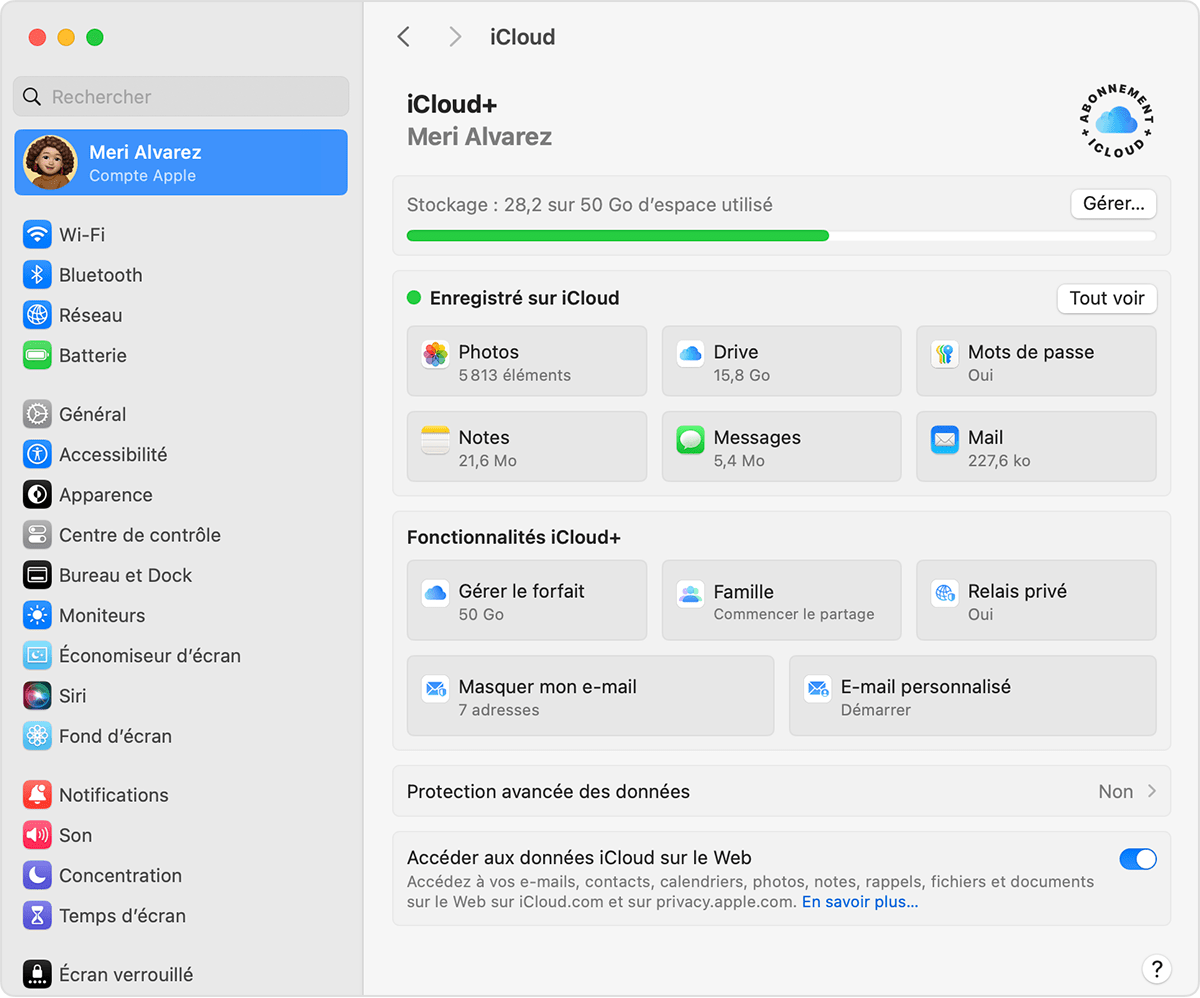 Écran de Mac affichant le stockage iCloud+ dans les Réglages Système 