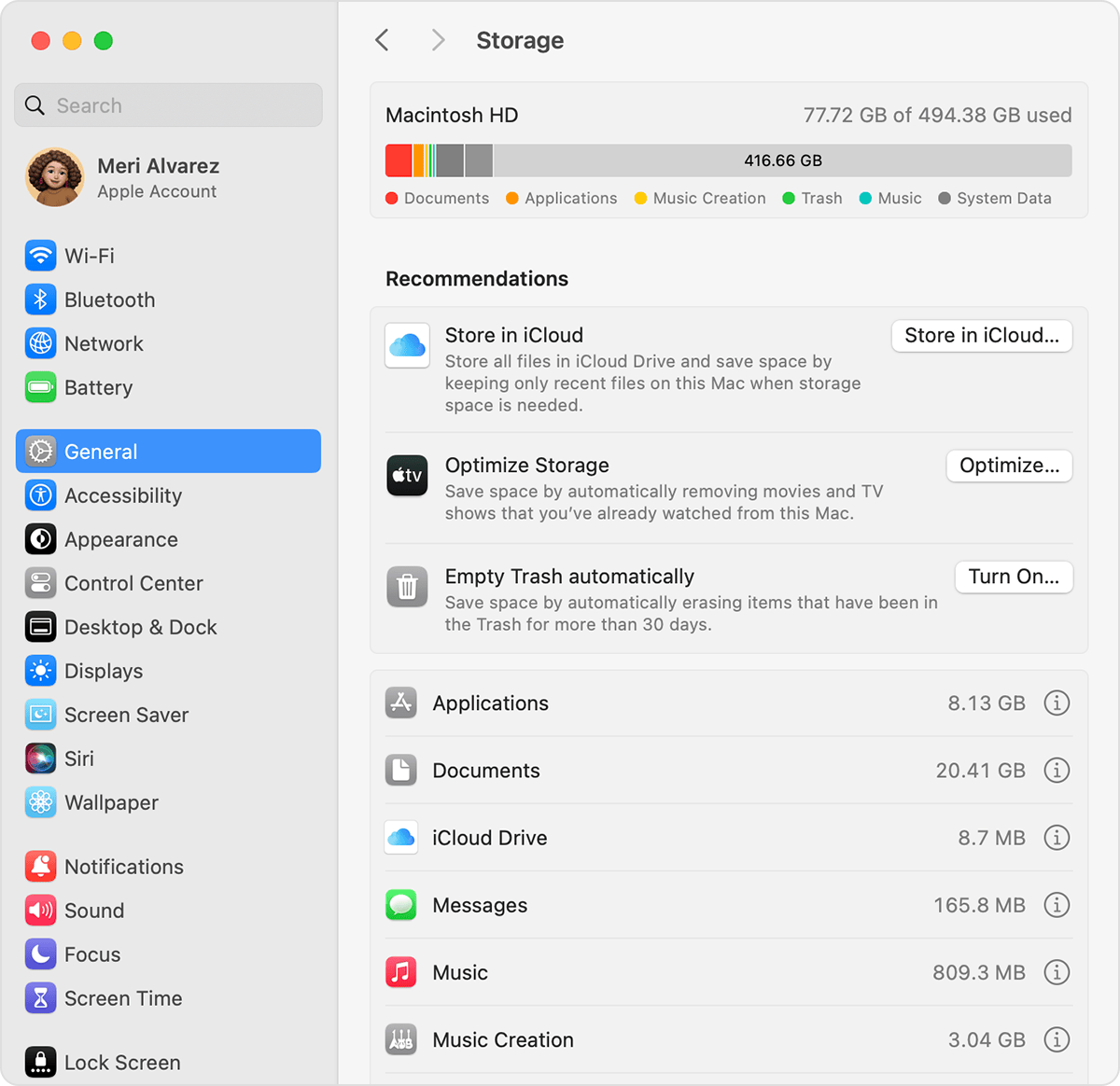 Mac screen showing device storage from System Settings 