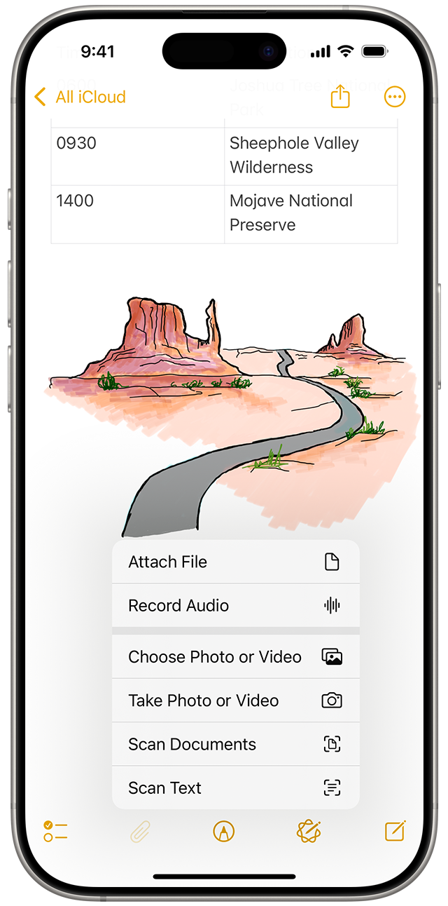 In iOS 18, tap the Attachment button, which looks like a paperclip, to add a photo or video or scan a document in your note. 