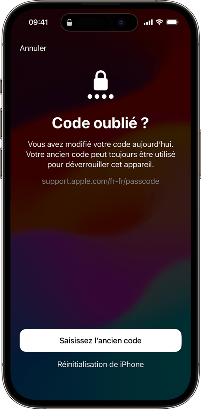 Lorsque vous modifiez votre code d’accès sous iOS 17 ou version ultérieure, vous pouvez utiliser temporairement votre ancien code pour déverrouiller votre appareil.