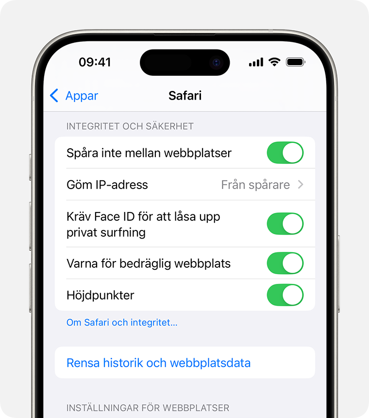 En iPhone visar Safari-inställningarna. Längst ner i avsnittet Integritet och säkerhet finns knappen Rensa historik och webbplatsdata.