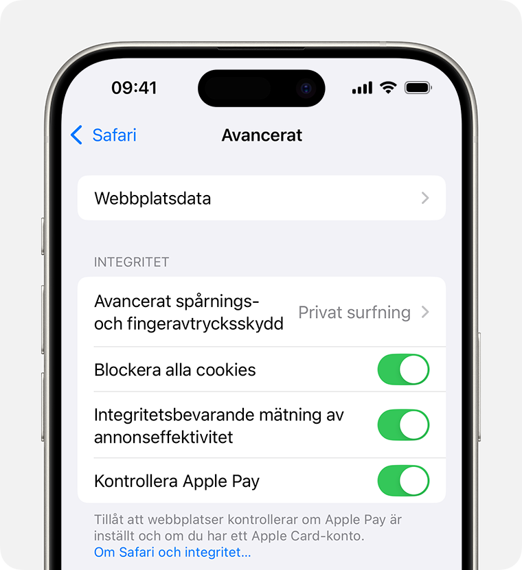 En iPhone som visar Safari-inställningarna. Blockera alla cookies är påslaget.