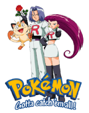 three people running, one being ash ketchum, another being brock, and another being misty. pikachu is also at the front with its arms raised. the pokemon logo is in front of them