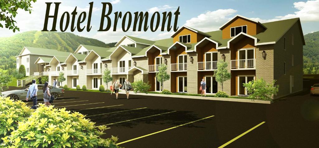 a rendering of a hotel compound with people walking in a parking lot at Hotel Bromont in Bromont