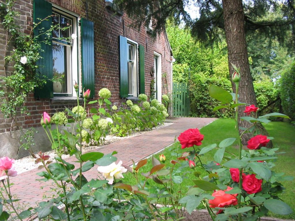 une maison en briques avec un jardin de roses dans l'établissement De Erfdijk, à Herpen