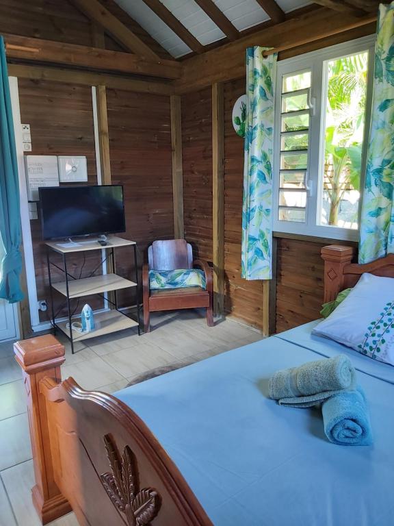 1 dormitorio con 1 cama, TV y silla en An Ti Kaz La en Sainte-Anne