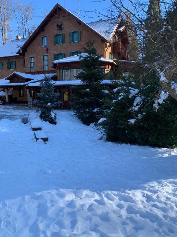 un cortile coperto da neve di fronte a un edificio di Sebesvi­z Panzió a Répáshuta