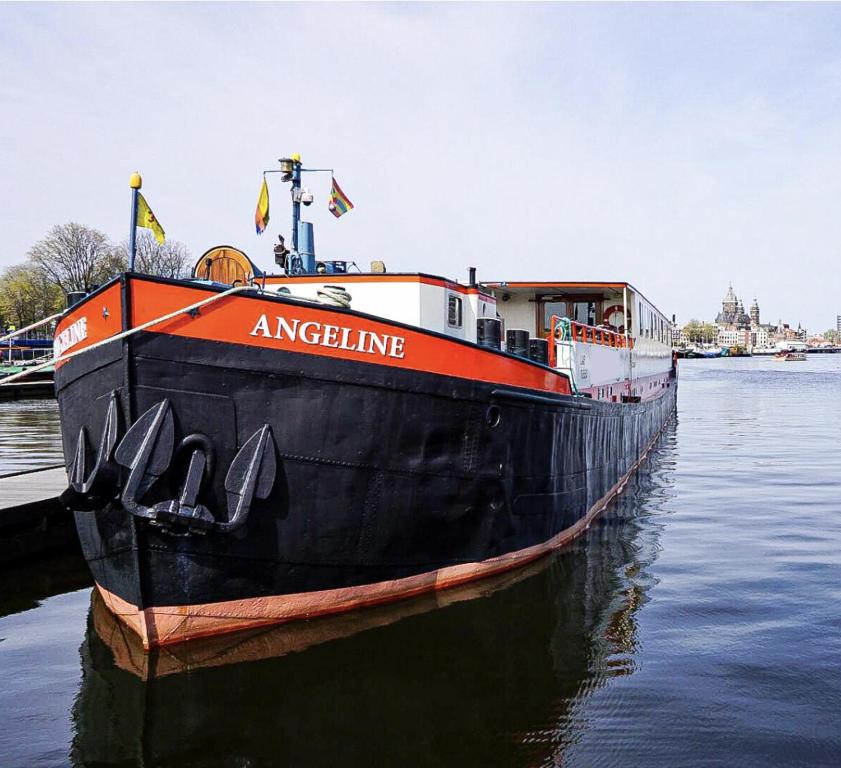 アムステルダムにあるHotelboat Angelineの大型船が水上に停泊