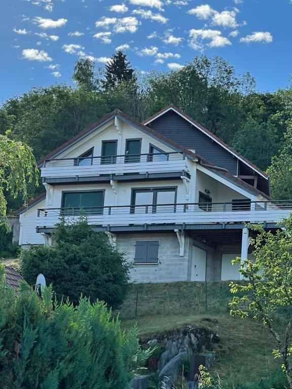 una grande casa bianca su una collina con alberi di Le chalet blanc de Gerardmer avec Spa a Gérardmer