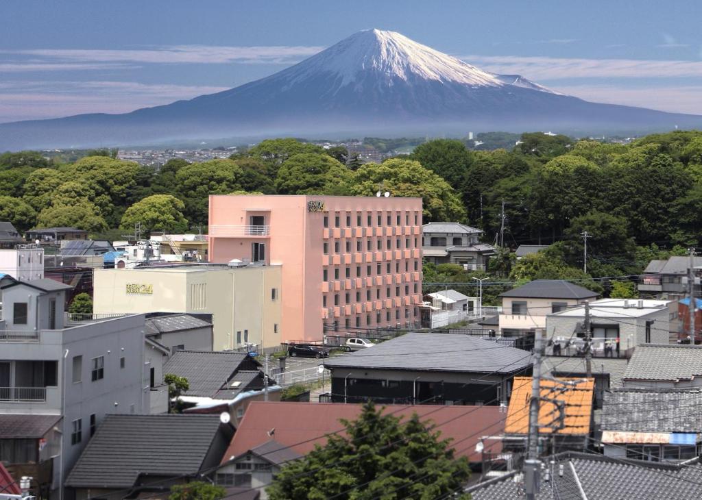 Hotel Nishi In Fujisan في فوجي: اطلاله على جبل في مدينه بها مباني