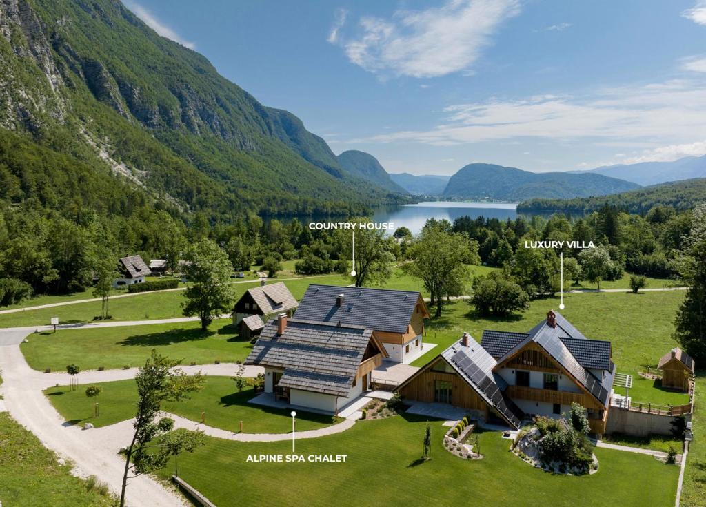 uma vista aérea de uma casa com montanhas e um lago em PRIVILLAGE Stare - B&B em Bohinj