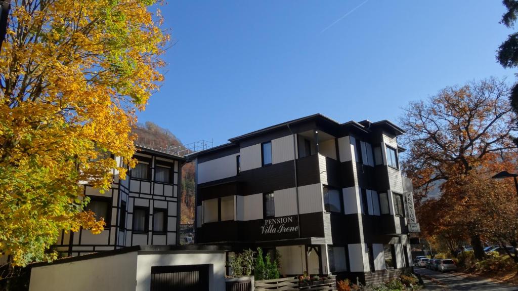 um edifício de escritórios com um edifício a preto e branco em Pension Villa Irene em Bad Harzburg