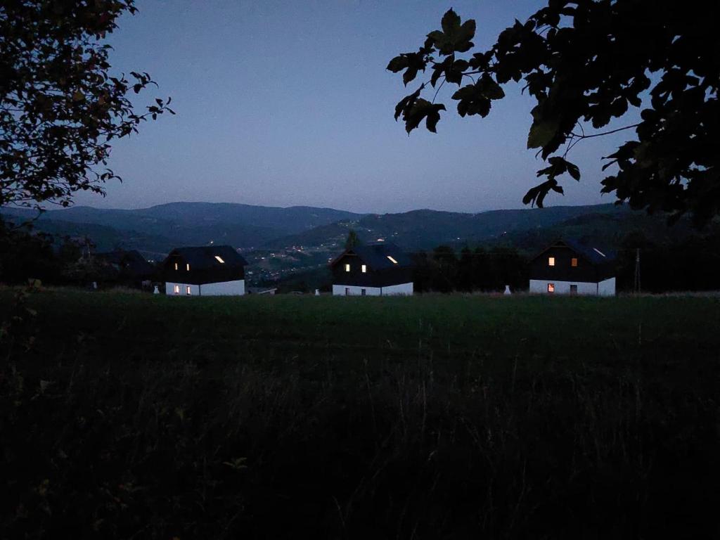 un grupo de casas en un campo por la noche en Domki Blisko Nieba I en Wisła