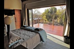 1 dormitorio con cama y ventana grande en Feeskraal Lodge, en Moheme