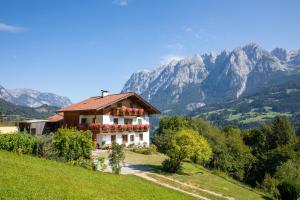 uma casa numa colina com montanhas ao fundo em Unterschwabegghof em Werfen