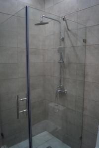 y baño con ducha y puerta de cristal. en City Caribbean Hotel Boutique en Santo Domingo