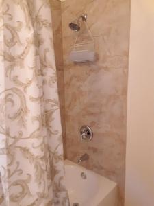 a bathroom with a shower curtain and a tub at Secret Garden Inn & Cottages in Santa Barbara