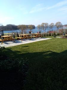 eine Gruppe von Picknicktischen in einem Park mit dem Wasser in der Unterkunft Pokoje gościnne Venezia in Czaplinek