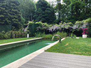 een zwembad met een fontein in een tuin bij Studio swimming pool BXL in Dilbeek