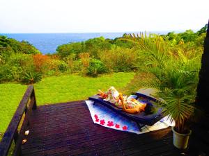 uma bandeja de comida sentada no topo de um deque em Yakushima Cottage Morino Fairy em Yakushima