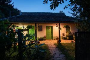 Cette petite maison dispose de portes vertes et d'une terrasse. dans l'établissement Ribarska kuća - Ilok ,tradicijska kuća-sobe, à Ilok