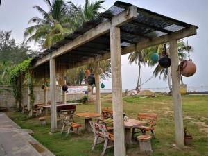 ein Picknickplatz mit Tischen und Stühlen auf einem Feld in der Unterkunft ALA Beach Lodge - Markisa Homestay in Bachok