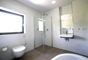 La salle de bains est pourvue d'une douche, de toilettes et d'un lavabo. dans l'établissement Passivhaus 750m vom Bodensee -- 2x E-bike inklusive -- Neubau 2019 am Ortsrand, à Öhningen