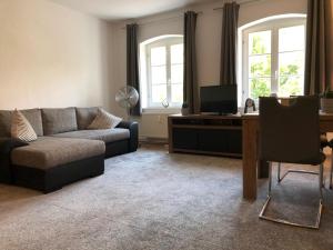 ein Wohnzimmer mit einem Sofa und einem Tisch mit einem TV in der Unterkunft Viadrina Rooms & Apartments Frankfurt-Oder am Park im Zentrum in Frankfurt (Oder)