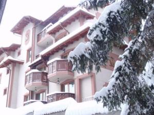 een groot gebouw met sneeuw op de takken van een boom bij Martin Club Hotel in Bansko