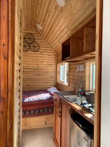 uma cozinha com uma cama num chalé de madeira em Tiny House Remanso del Espíritu em Isla de Maipo