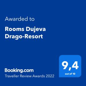 Sertifikāts, apbalvojums, norāde vai cits dokuments, kas ir izstādīts apskatei naktsmītnē Rooms Dujeva Drago-Resort