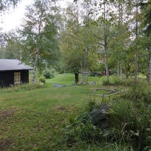 een tuin met een huis en bomen en gras bij Countrycabin Bergslagen stuga in Ramsberg