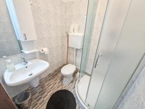 y baño con aseo, lavabo y ducha. en Weinberger Vendégház, en Zamárdi