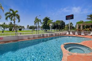 una piscina en un hotel con sillas y palmeras en Acacia Court Hotel en Cairns