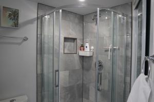 La salle de bains est pourvue d'une cabine de douche avec une porte en verre. dans l'établissement Patio privé, hébergement équipé et spacieux., à Hamilton