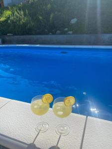 dos copas de vino sentadas en una mesa junto a una piscina en Relax House Lara in Krapinske Toplice, en Krapinske Toplice