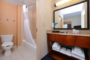 Hampton Inn and Suites Fredericksburg South في فريدريكسبيرغ: حمام مع حوض ومرحاض ومرآة