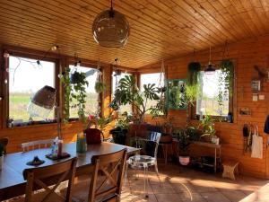 um quarto com mesa, cadeiras e plantas em Kisház em Gárdony