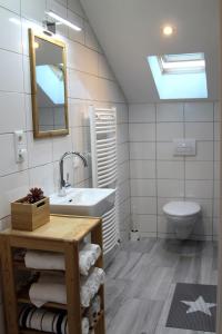 een badkamer met een wastafel, een toilet en een spiegel bij Ferienwohnung Stefanko in Bernau