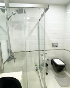 uma casa de banho com uma cabina de duche em vidro e um WC. em Luxury 2 Room Suite Apartment With Seaview In Center em Istambul