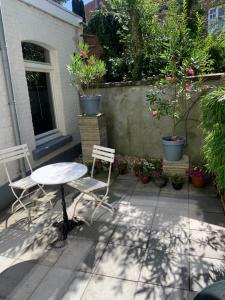 eine Terrasse mit einem Tisch, Stühlen und Topfpflanzen in der Unterkunft HS68-apartment in Maastricht